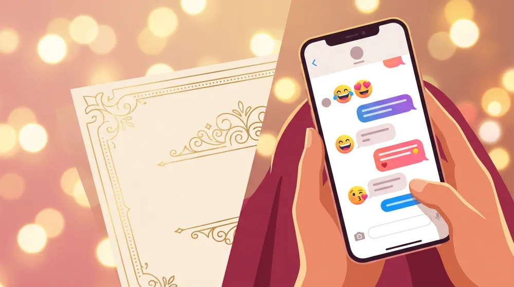 Праздничная открытка рядом со смартфоном как символ смены традиций