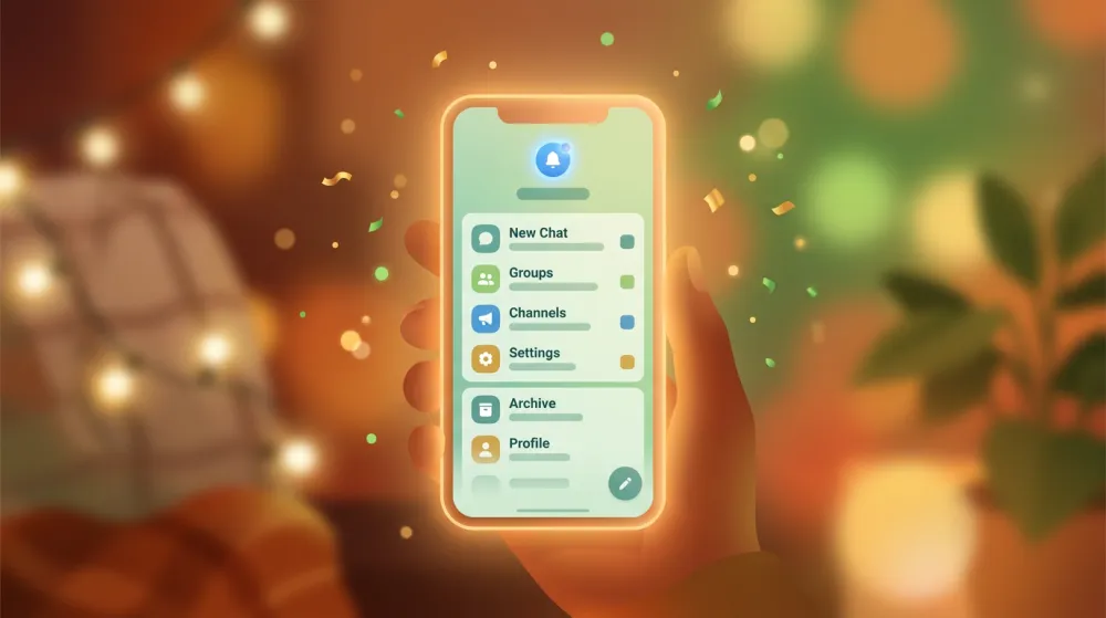 Смартфон с открытым чатом Telegram и праздничными эмодзи-поздравлениями