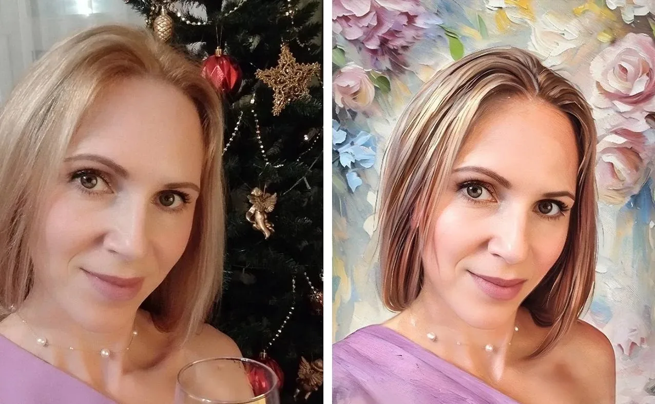 Слева селфи женщины у новогодней ёлки с бокалом, справа готовый портрет на фоне цветов в манере масляной живописи