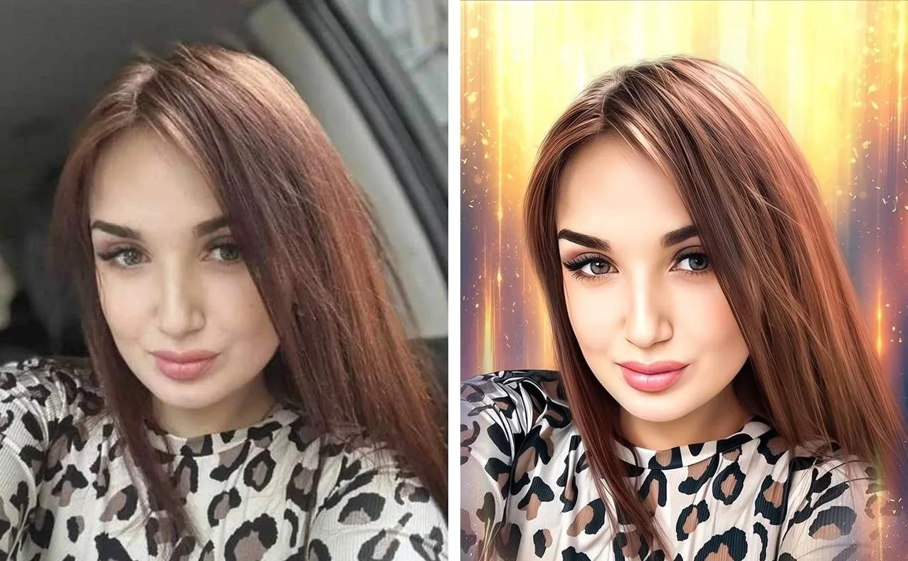 Слева селфи девушки в салоне автомобиля, справа готовый портрет на фоне золотистого сияния